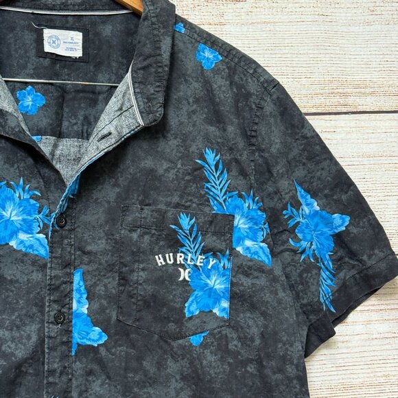 Hurley Mens Floral Button-Up Shirt Black Blue Hawaiian Short Sleeve Size XL - Picture 3 of 11